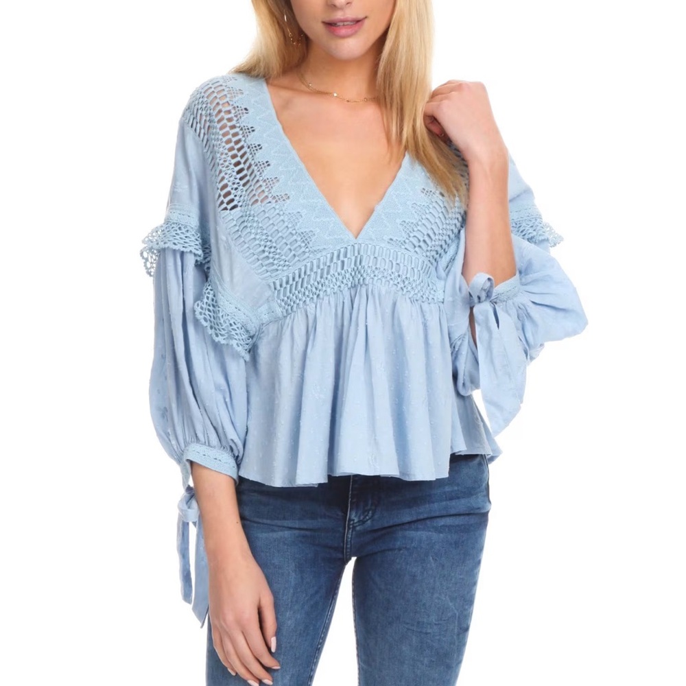 Free People Drive You Mad Blouse Blue Crochet Puff Sleeve Southern Bell Western